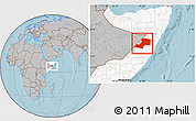 Gray Location Map of Gaalkacayo, highlighted country, hill shading