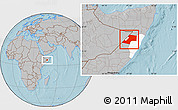Gray Location Map of Gaalkacayo, highlighted parent region, hill shading