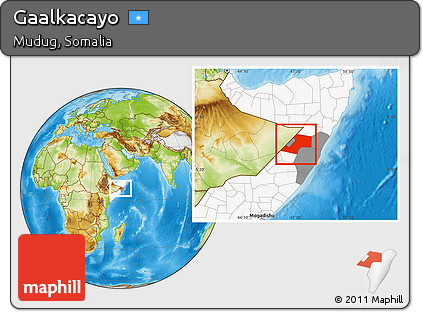 Physical Location Map of Gaalkacayo, highlighted country, highlighted parent region