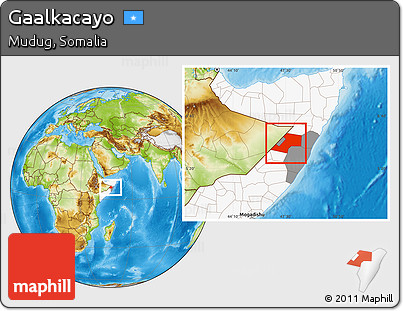 Physical Location Map of Gaalkacayo, highlighted country, highlighted parent region