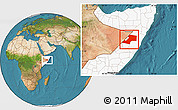 Satellite Location Map of Gaalkacayo, highlighted country
