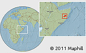 Savanna Style Location Map of Gaalkacayo, within the entire country, hill shading