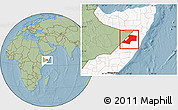 Savanna Style Location Map of Gaalkacayo, highlighted country, hill shading