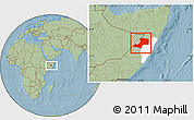 Savanna Style Location Map of Gaalkacayo, highlighted parent region, hill shading