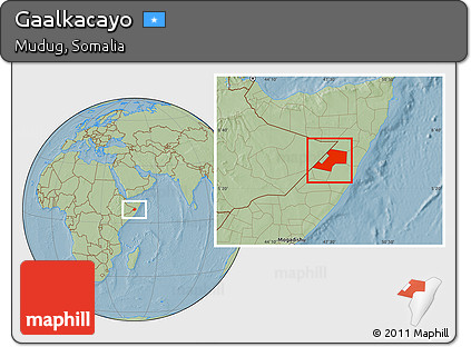 Savanna Style Location Map of Gaalkacayo, hill shading