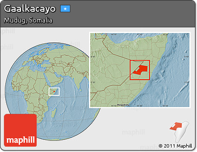 Savanna Style Location Map of Gaalkacayo, hill shading