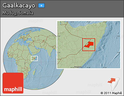 Savanna Style Location Map of Gaalkacayo, hill shading