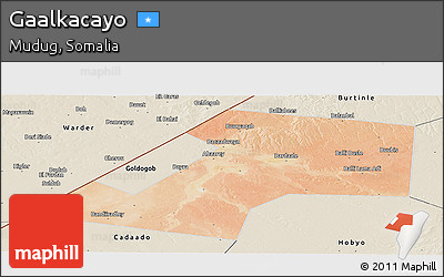 Satellite Panoramic Map of Gaalkacayo, shaded relief outside