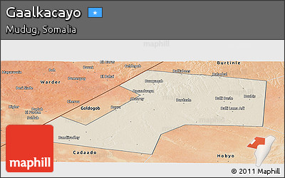 Shaded Relief Panoramic Map of Gaalkacayo, satellite outside