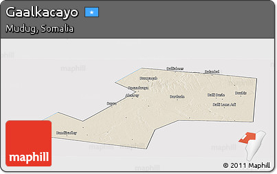 Shaded Relief Panoramic Map of Gaalkacayo, single color outside