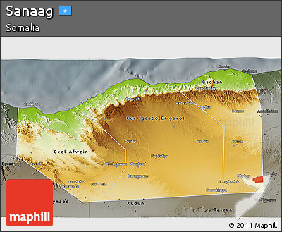 Physical 3D Map of Sanaag, darken, semi-desaturated