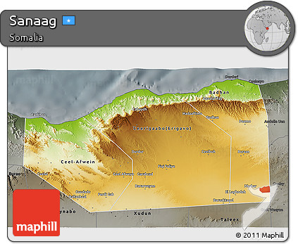 Physical 3D Map of Sanaag, darken, semi-desaturated