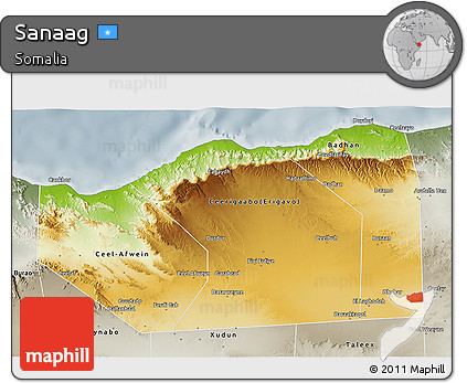 Physical 3D Map of Sanaag, semi-desaturated