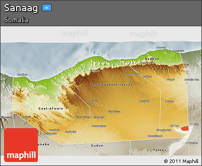 Physical 3D Map of Sanaag, semi-desaturated