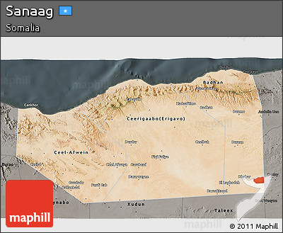 Satellite 3D Map of Sanaag, darken, semi-desaturated