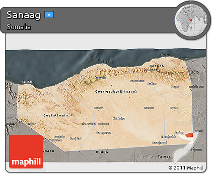 Satellite 3D Map of Sanaag, darken, semi-desaturated