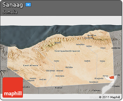 Satellite 3D Map of Sanaag, darken, semi-desaturated