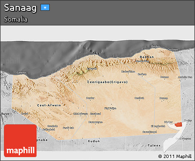 Satellite 3D Map of Sanaag, desaturated
