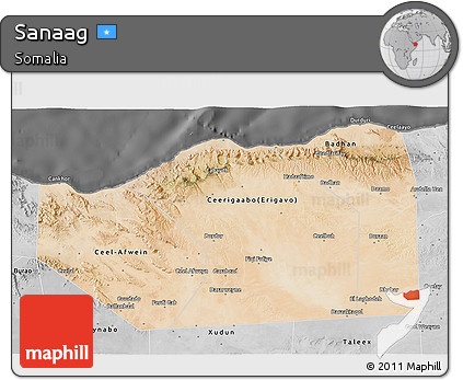 Satellite 3D Map of Sanaag, desaturated