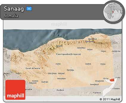 Satellite 3D Map of Sanaag, semi-desaturated