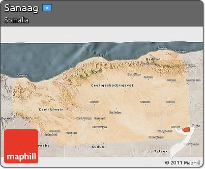 Satellite 3D Map of Sanaag, semi-desaturated