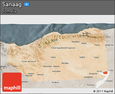 Satellite 3D Map of Sanaag, semi-desaturated