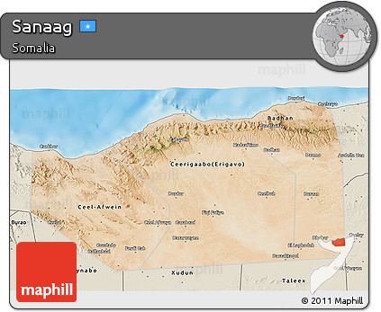 Satellite 3D Map of Sanaag, shaded relief outside