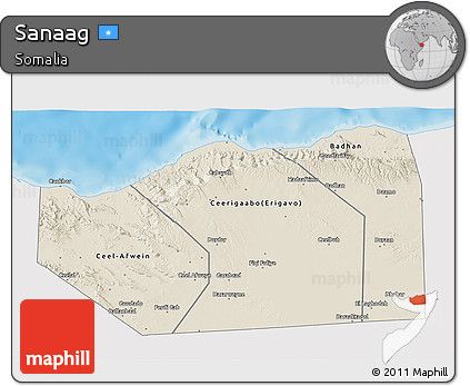 Shaded Relief 3D Map of Sanaag, single color outside