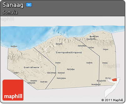 Shaded Relief 3D Map of Sanaag, single color outside