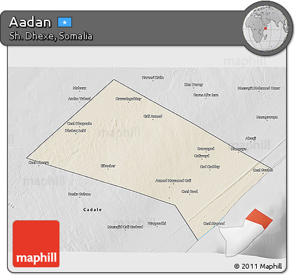 Shaded Relief 3D Map of Aadan, desaturated