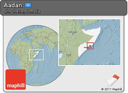 Savanna Style Location Map of Aadan, highlighted country, highlighted parent region, within the entire country, hill shading