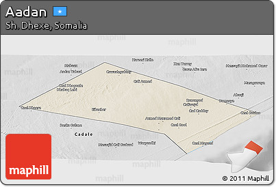 Shaded Relief Panoramic Map of Aadan, desaturated