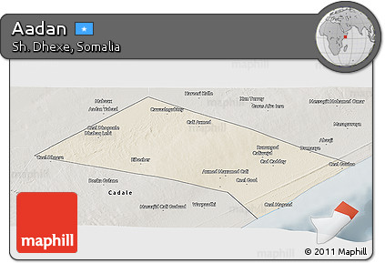 Shaded Relief Panoramic Map of Aadan, semi-desaturated