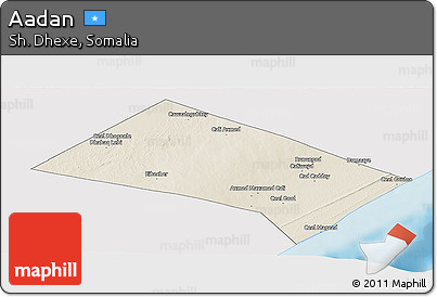 Shaded Relief Panoramic Map of Aadan, single color outside