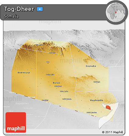 Physical 3D Map of Tog-Dheer, lighten, desaturated