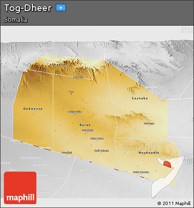 Physical 3D Map of Tog-Dheer, lighten, desaturated