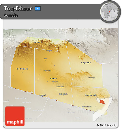 Physical 3D Map of Tog-Dheer, lighten, semi-desaturated