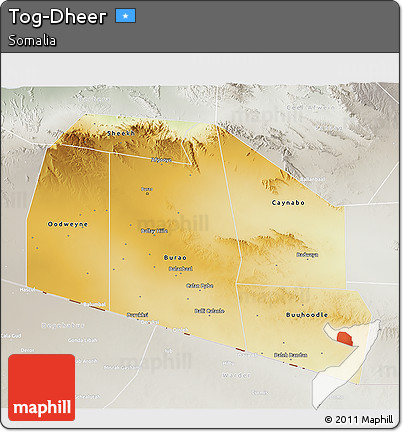 Physical 3D Map of Tog-Dheer, lighten, semi-desaturated