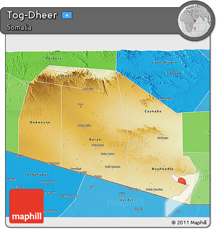 Physical 3D Map of Tog-Dheer, political shades outside