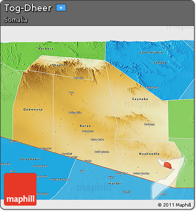 Physical 3D Map of Tog-Dheer, political shades outside