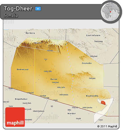 Physical 3D Map of Tog-Dheer, shaded relief outside