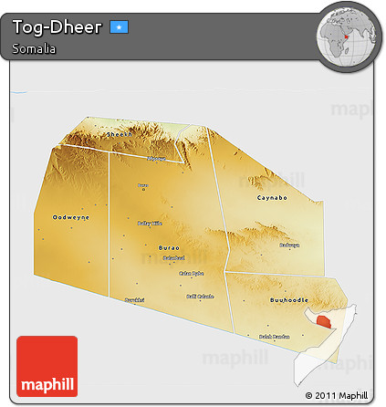 Physical 3D Map of Tog-Dheer, single color outside