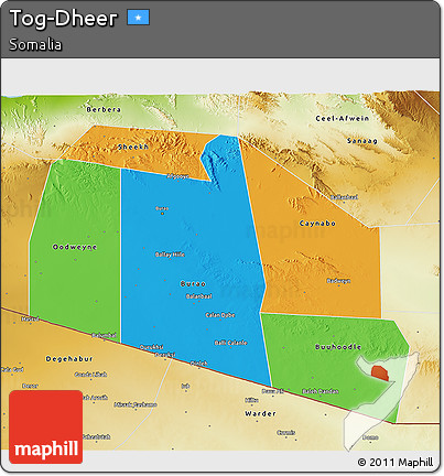 Political 3D Map of Tog-Dheer, physical outside