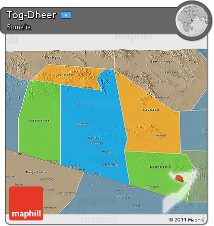 Political 3D Map of Tog-Dheer, semi-desaturated