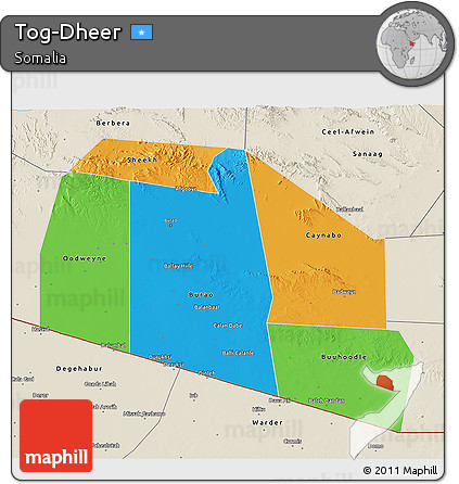 Political 3D Map of Tog-Dheer, shaded relief outside