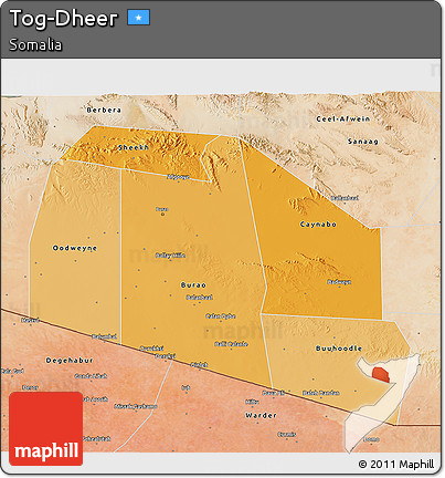 Political Shades 3D Map of Tog-Dheer, satellite outside