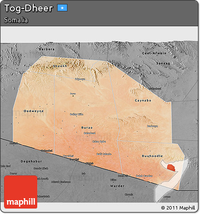 Satellite 3D Map of Tog-Dheer, darken, desaturated