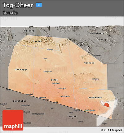 Satellite 3D Map of Tog-Dheer, darken, semi-desaturated