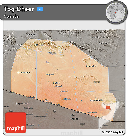 Satellite 3D Map of Tog-Dheer, darken, semi-desaturated