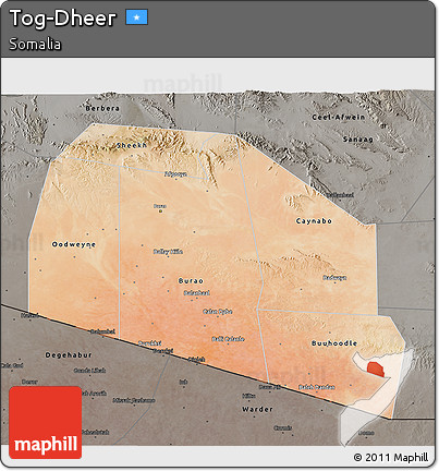 Satellite 3D Map of Tog-Dheer, darken, semi-desaturated